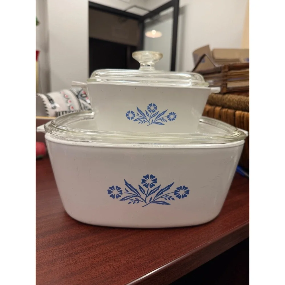 Vintage Corning Ware Blue Cornflower Casserole Set 4 Qt‎ 1.75 Qt with Glass Lids